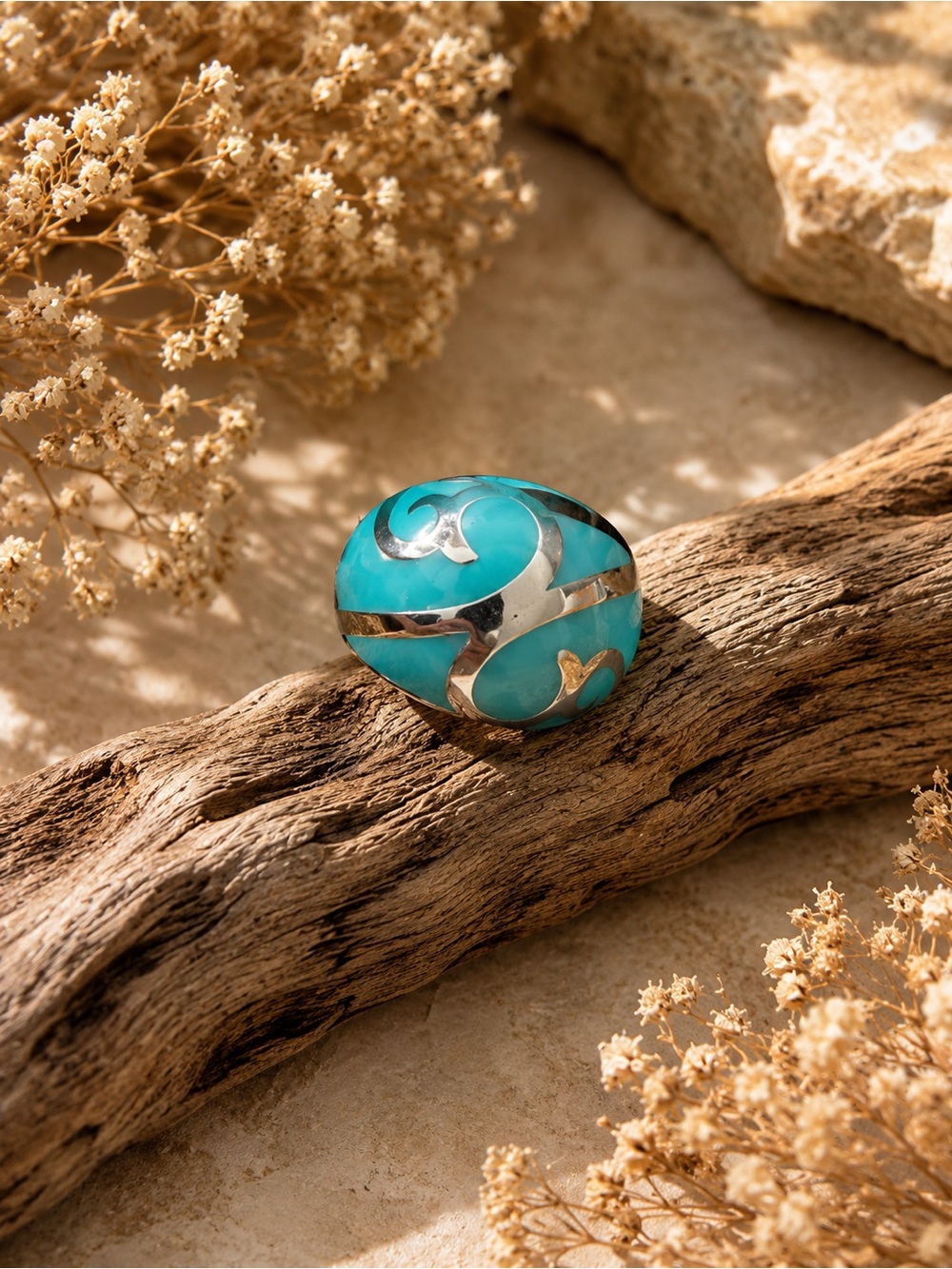 Turquoise & Silver Inlay Dome Ring - Women Jewelry